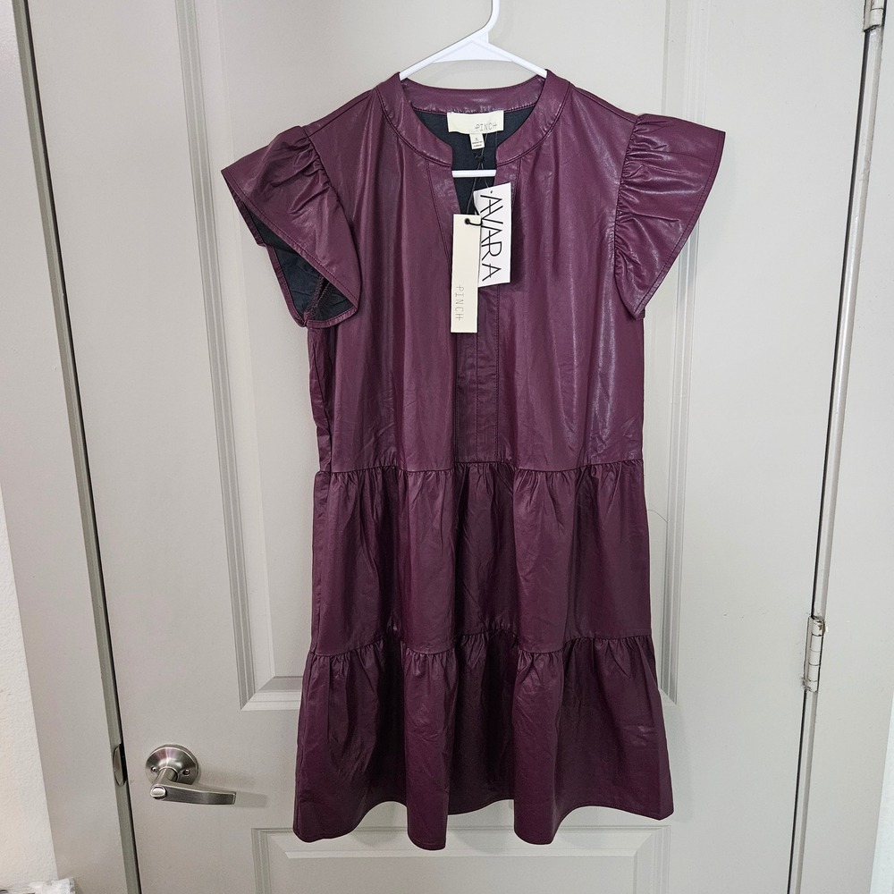 Pinch Avara Women Faux Leather Tiered Mini Dress Plum Purple Ruffle Sleeve S NEW